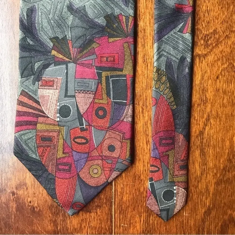 Vintage Structure Tie, Unique Dark Color Combo, Shows Abstract Masks, 100% Silk